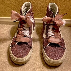 Pink glitter VANS Hi-Top with custom satin double laces included!